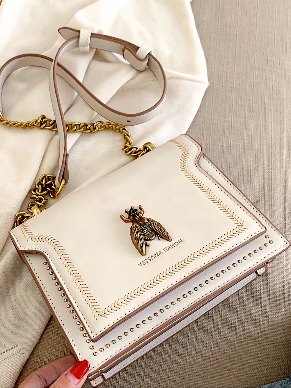 Off White Vegan Leather Crossbody Bag with Gold Bee Accent